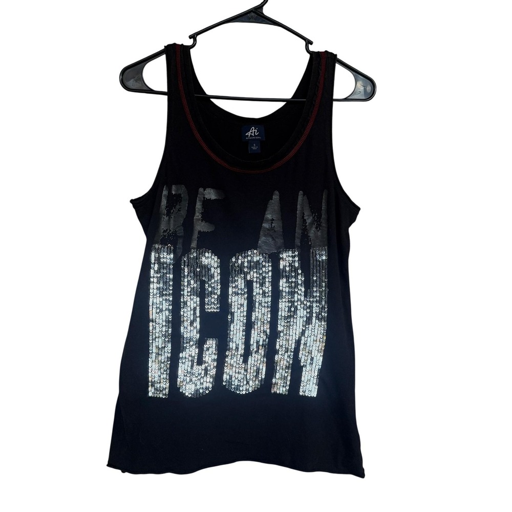 Authentic Icon Tank Top Juniors Small Black Sequin ICON Graphic Summer